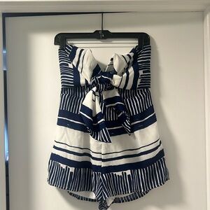 Blue and White Striped Tie-Front Strapless Romper
